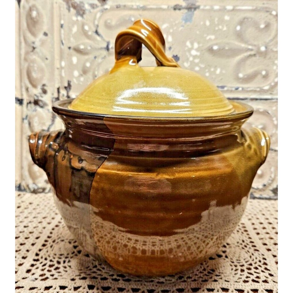 Signed Vintage Art Pottery Crock Serving Bowl w/ Lid Twisted Handles